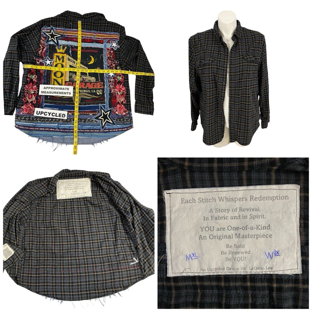 Upcycled Flannel Shirt Shacket Womens 1X Mechanic Automotive Garage Grunge Parts - Picture 2 of 14